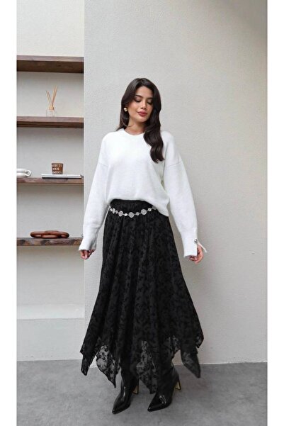 Butik Beyza Tulle Flock Detailed Asymmetrical Cut Skirt