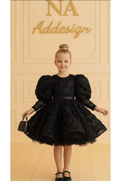 NA ADDESIGN Güllü Kabartma Kumaş Özel Tasarım Prenses Elbise – 3 Renk (Kırmız...