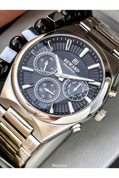 Reward Men's Watch, with Calendar, Black Dial, Silver Color Steel Band, Functions Active, Bracelet Gift