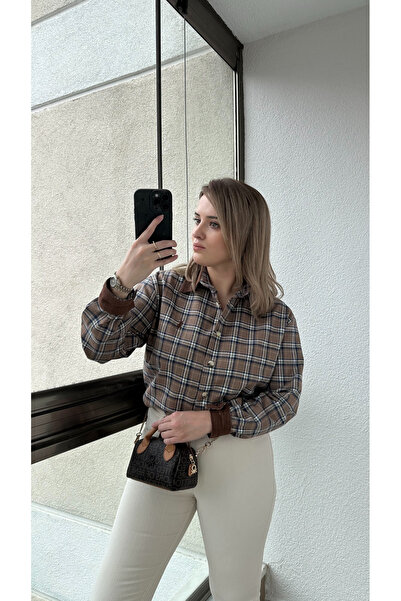 opiast Kadife Yakalı Kahverengi Oduncu Gömlek