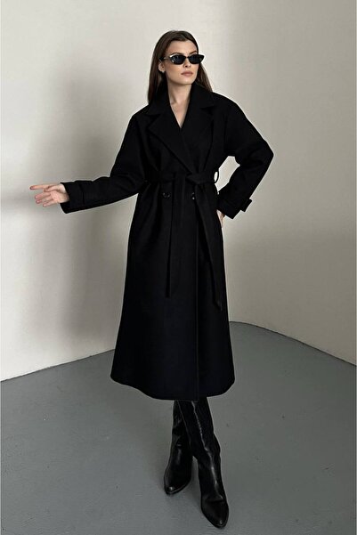 Miss Beyoğlu Дамско палто с колан от кашмир, подплатено, с високо качество и ...