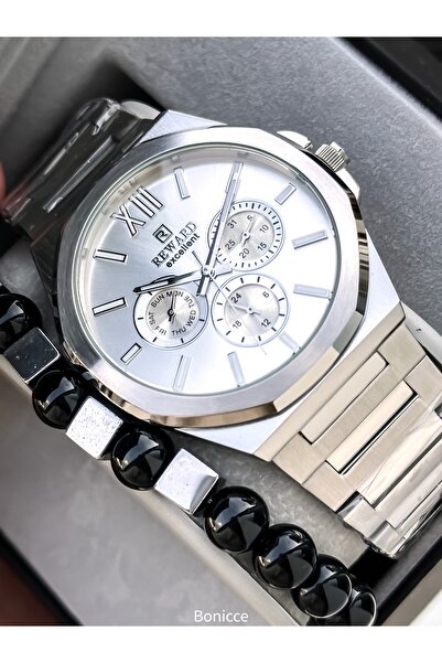 Reward ساعة رجالية، مينا أبيض، سوار فولاذي فضي اللون، الوظائف تعمل، مع سوار هدية