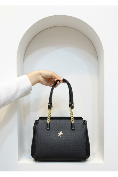 Çanta Trend Miami Polo Black 4-Compartment Chain Detailed Long Crossbody Strap & Handbag (25X20 cm)