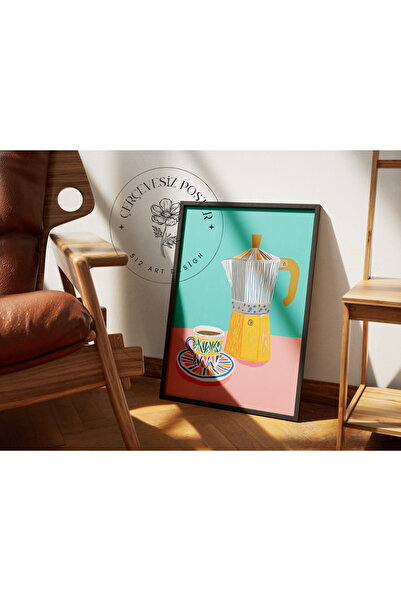 512 STORE Estetik İlistrasyon Mutfak Dekor Çaydanlık Fincan Tema Çerçevesiz K...