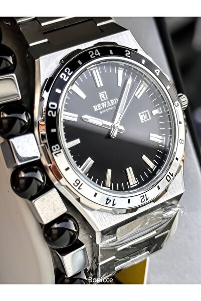 Reward Men's Wristwatch, Black Dial, Silver Color Steel Band, Stylish Box with Calendar, Bracelet Gift