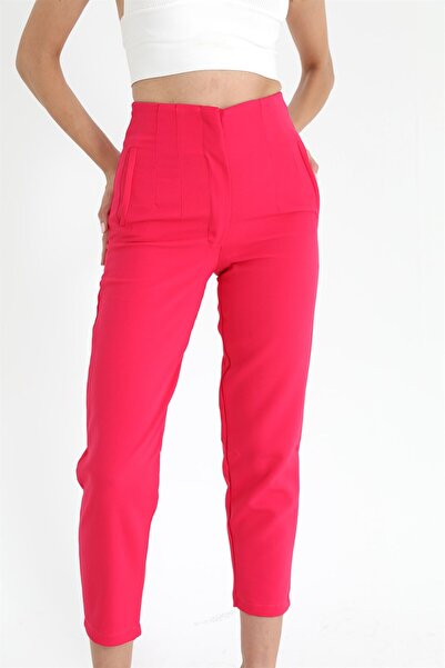 VELİZADE Pantaloni de damă din țesătură Atlas, fucsia, cu talie înaltă, cu pi...