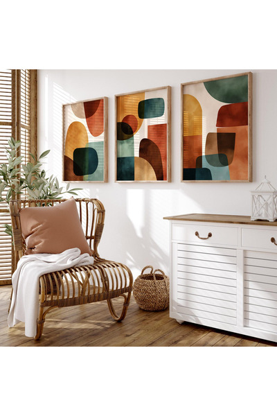 woodhomeworks Pictură abstractă din 3 piese cu rame din lemn pentru casă, sufragerie, dormitor, balcon, decor boem