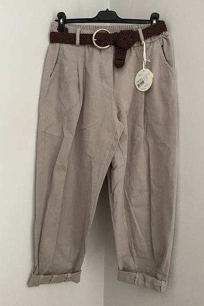 AYASOFYA OTANTIK Women's Italian Beige Elastic Waist Belted Pocketed Plain Pattern Loose Trousers