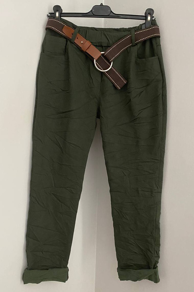 AYASOFYA OTANTIK Жіночі італійські штани хакі з еластичним поясом, прямим кро...