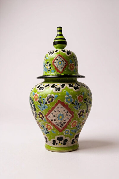 STORESZA El Yapımı Çark İşi 25Cm Dantel İşçiliği Nostaljik Tasarım Şah Küp Çini Vazo