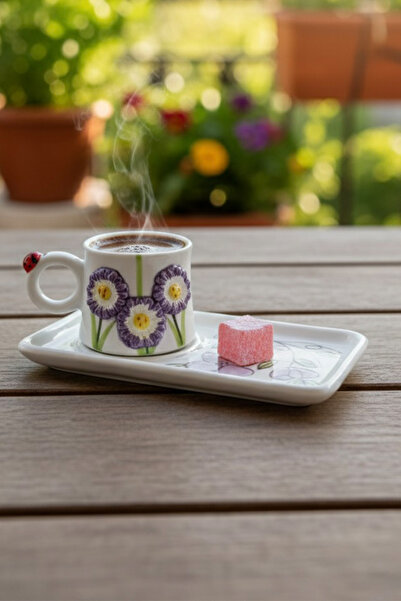 EVCİME طقم فناجين قهوة سيراميك مصنوع يدويًا من قطعتين بتصميم زهور بنفسجية