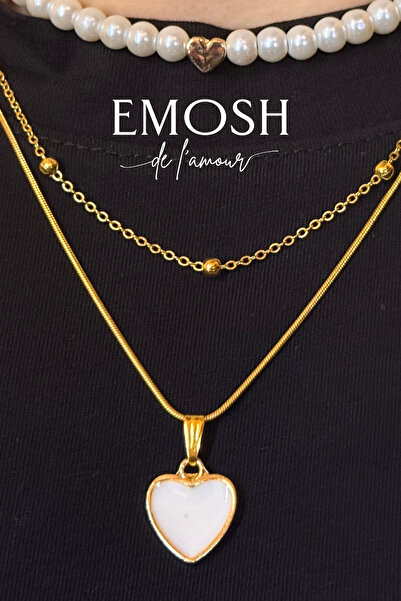 EMOSH de Lamour طقم قلادة من اللؤلؤ والقلب مكون من 3 قطع |   ميدالية على شكل قلب كبير مع سلسلة متعددة الطبقات |   عيد الحب