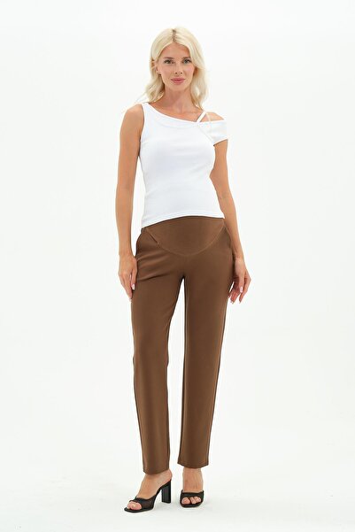 BUSA Maternity Stretchy Abdominal Band Adjustable Waist Winter Mom Fit Gabardine Trousers Brown