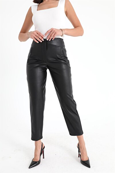 VELİZADE Kadın Siyah Yüksek Bel Pens Detaylı Deri Görünümlü Bilek Boy Skinny/...
