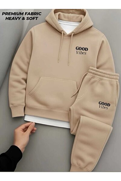 woonkey Unisex Premium Heavy&Soft Tracksuit Set Hooded Top & Jogger Bottom “Good Vibes” Printed Winter Fabric