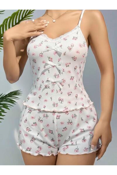 M MERC Giyim Cotton White Floral Patterned Ribbed Strap Shorts Pajama Set