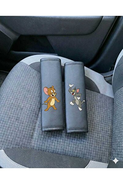 CAR Tom ve Jerry Baskılı Siyah Deri Emniyet Kemeri Kılıfı (2'li Set) - Konfor...