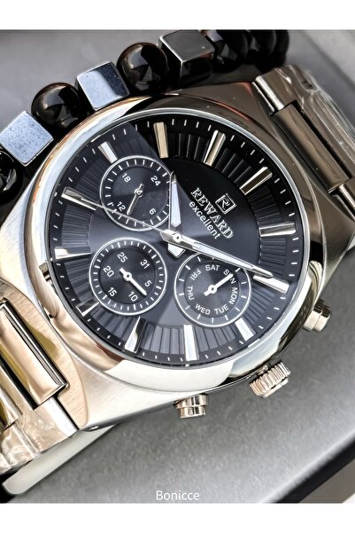Reward Men's Watch, with Calendar, Black Dial, Silver Color Steel Band, Functions Active, Bracelet Gift