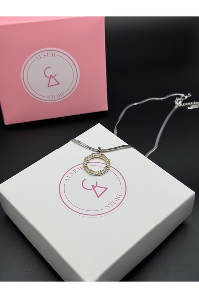 Alsem 925 Ayar Gümüş Gold Detaylı Baget Taşlı İtalyan Kolye , Tasarım Xoxo Ko...