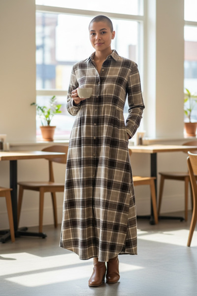 SEMİZ GİYİM Kemersiz Ekose Desenli Düğme Kapamalı Kahverengi Elbise