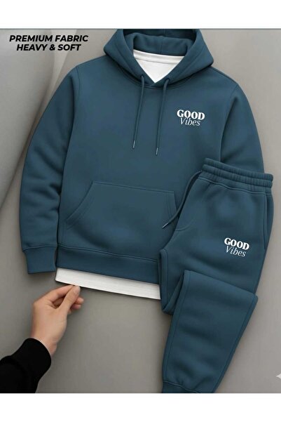 woonkey Unisex Premium Heavy&Soft Tracksuit Set Hooded Top & Jogger Bottom “Good Vibes” Printed Winter Fabric