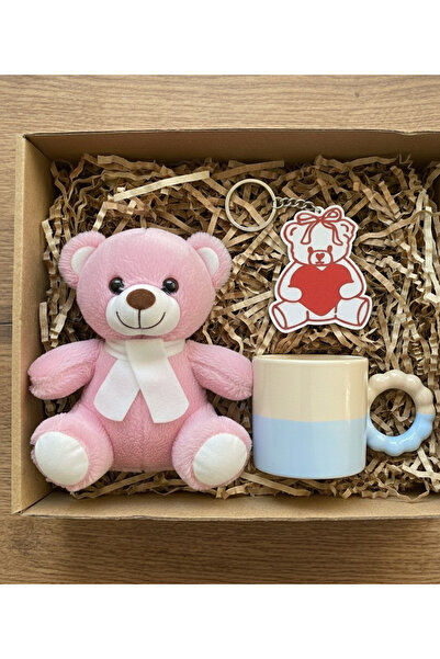 Hr Production Kişiye Özel Hediye Seti|25cm Pembe Peluş Ayıcık,Mavi Flowly Kup...