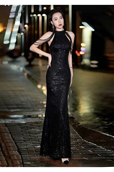 kermiş TREND kristal askılı pulpayetli abiye elbise