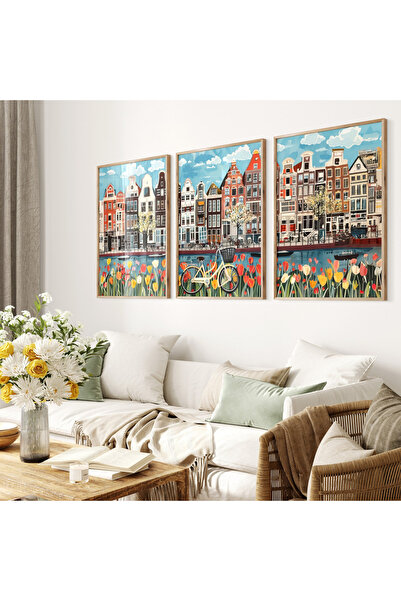 woodhomeworks Wooden Framed 3 Piece Abstract Painting Home Amsterdam Qmrc