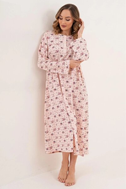 By Mecit Pijama Plus Size Long Sleeve Women's (Mom) Nightgown Floral Print Mom Nightgown 100% Cotton