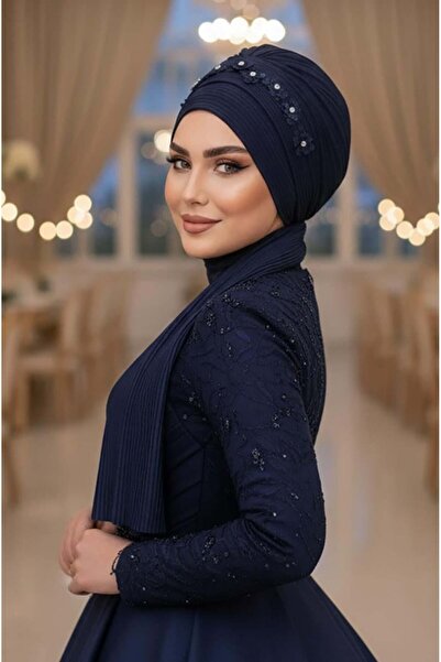 Aişe tesettür Lacivert Aksesuarlı Atkılı Abiye Bone
