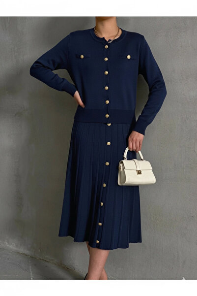 Lusin Women's Navy Blue Button Detailed Cardigan Midi Skirt Two-Piece Knitwear Set S/M (New Color)