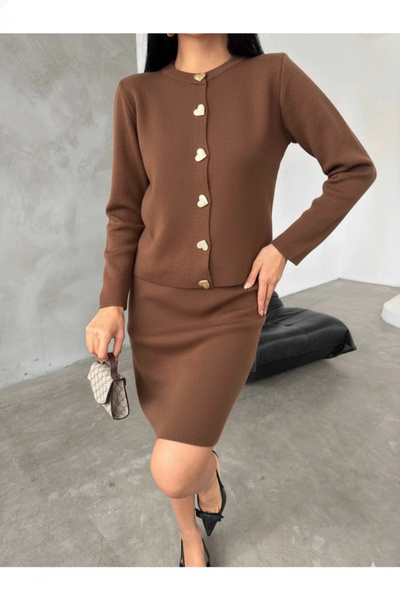 Lusin Women's Brown Gold Heart Button Detailed Cardigan Skirt Double Knitwear Set (New Color)