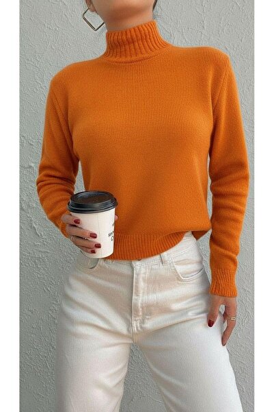 Miss Poem Women's High Neck Turtleneck Long Orange Knit Sweater