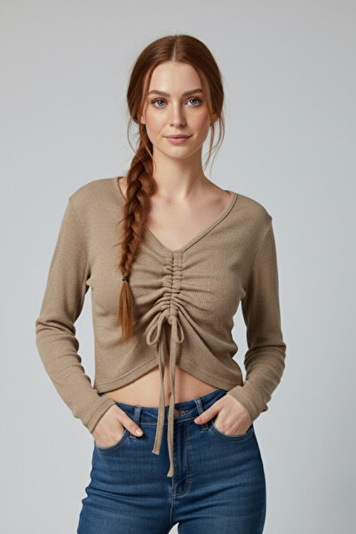 buğrahayalin Milky Coffee Long Sleeve Ribbed Knit Crop Blouse Shirred V-Neck