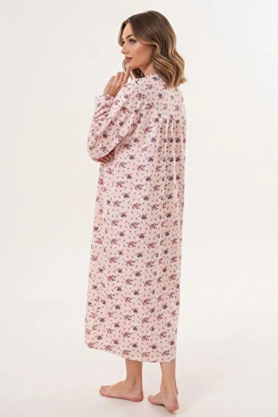 By Mecit Pijama Plus Size Long Sleeve Women's (Mom) Nightgown Floral Print Mom Nightgown 100% Cotton