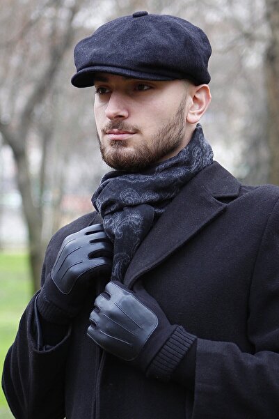 eleven market Kışlık 8 Parca Kaşmir Düz Renk Siyah Peaky Blinders Model Erkek Kasket London Şapka