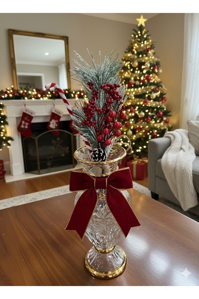 SÜS EVİ Yılbaşı Kokina Çiçeği Yapay Kokine Çam Dallı ve Süslü çiçek Baston Şe...