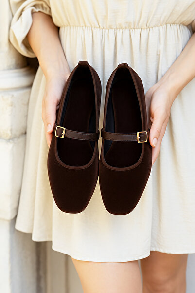 N MODA Tuğra Buckle Patent Leather Brown Women's Ballet Shoes with Gold Buckle, Stylish, Lightweight, Orthopedic, Non-Slip Sole