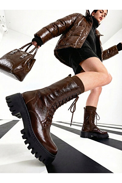 EPTC Genuine Leather Brown Patterned Long Lace-Up Thick Sole Women's Boots – Stylish and Durable Winter Fashion