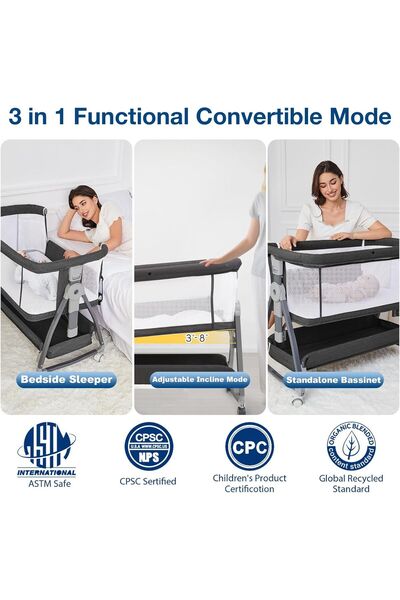 232LAMP Adjustable Height Foldable Baby Bed with Large Storage Basket and Detachable Mosquito Net