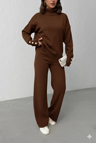 Lusin Women's Bitter Brown Sleeve Button Detailed Blouse Skirt Bottom Top Two-Piece Knitwear Set