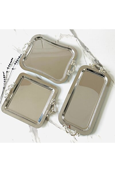 Melinda 3 lü Gümüş Çay Kahve Servis Sunum Tepsisi Set (Dikdörtgen - Kare - İtalyan)