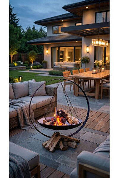 Iron Lüks Tasarım Yuvarlak Ateş Çukuru - Odunlu Bahçe ve Teras Şöminesi (Siyah)