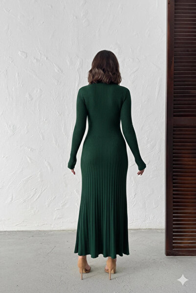 Lusin Women's Nefti Green Gold Button Detailed Corded Fabric Long Knitwear Dress (New Color)