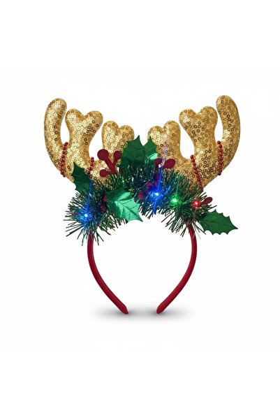 Tatlı Sebep New Year's Concept Crown with Illuminated Gold Sequin Detailed Deer Antler Figure (3 Light Modes)