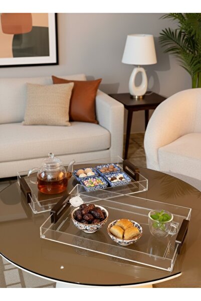 Alamtiaz Two-piece acrylic and wooden serving tray set with wooden handles