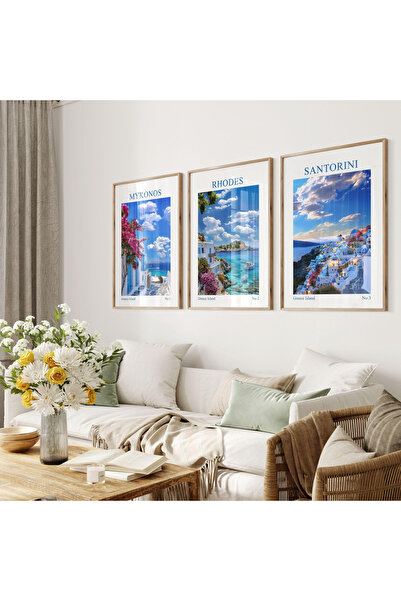 woodhomeworks 3 Piece Abstract Painting with Wooden Frame, Painting of an Island