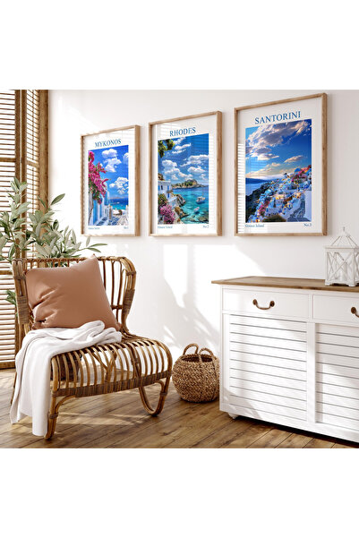 woodhomeworks 3 Piece Abstract Painting with Wooden Frame, Painting of an Island