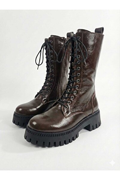 EPTC Genuine Leather Brown Patterned Long Lace-Up Thick Sole Women's Boots – Stylish and Durable Winter Fashion