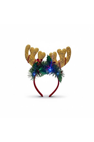 Tatlı Sebep New Year's Concept Crown with Illuminated Gold Sequin Detailed Deer Antler Figure (3 Light Modes)